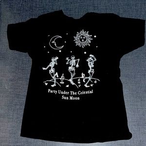 Party Under The Celestial Sun Moon dancing skeletons graphic tee M